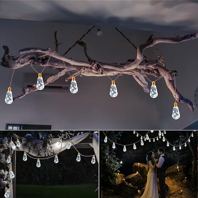 Solar Outdoor String Lights, 2 Pack 20Ft Vintage Rope Hemp Solar Patio Lights, Waterproof White Solar Powered String Lights With 8 Modes 16 Shatterproof Bulbs for Garden Stairs Balcony Café Bistro