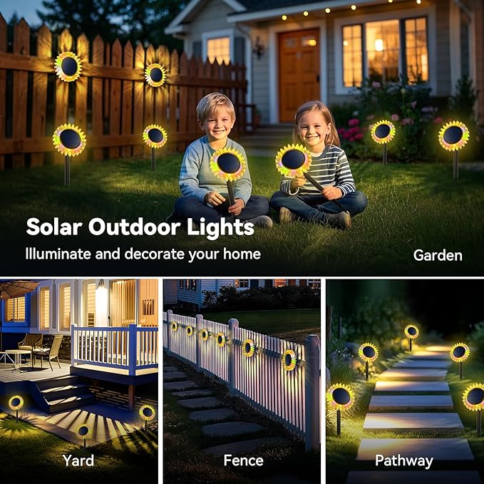 Hogni Solar Pathway Lights - 2 Pack LED Sunflower Garden Light, Waterproof Outdoor Decor for Wall, Lawn, Yard, Walkway, Patio, Landscape