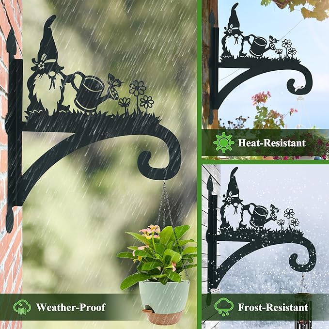 Hanging Plant Bracket Heavy Duty Iron Ornamental Gnome Silhouette Hanging Plant Hangers Outdoor 12 inch Hanging Basket Bracket Hook Wall Mounted for Flower Pot, Lantern, Bird Feeder, Wind Chimes