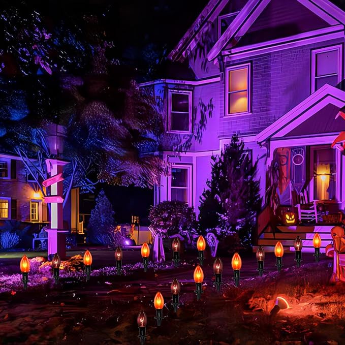 19.5Ft Halloween Pathway Lights, 10 Pack C9 Orange & Black Bulbs, Connectable, UL Listed, Outdoor Garden Yard Driveway Lawn Decor
