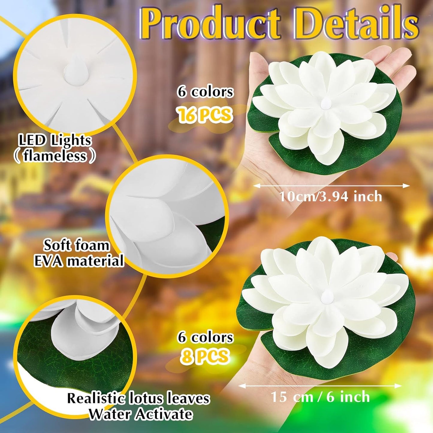 Liliful 24 Pcs Diwali Lotus Decoration Pool Floating Lights, Artificial Flowers Lotus with LED,Lily Pads Water Lantern for Indian Puja Home Decoration(3.94 Inch, 5.91 Inch,Colorful)