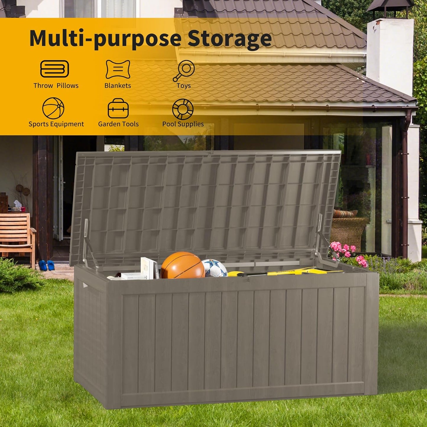 270 Gallon Waterproof Large Resin Deck Box Indoor/Outdoor Lockable Storage Container and Seating for Garden, Pool, and Patio (270 Gallon, Grey)