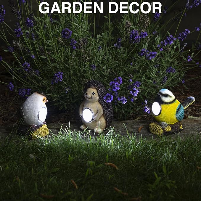 Outdoor Garden Solar Decor Light Set of 3 (2 Birds,1 Hedgehog) | Waterproof Solar Powered Lights for Yard, Patio & Walkway | Energy-Efficient & Weatherproof Garden Decor
