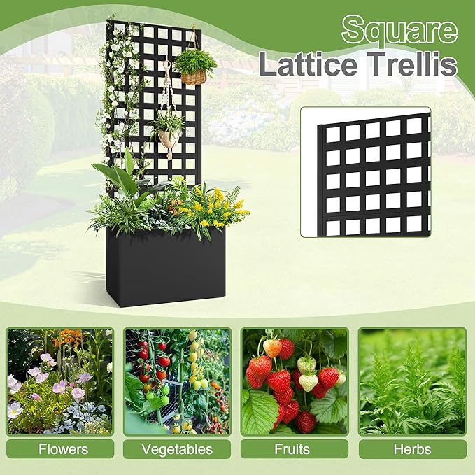Metal Raised Garden Bed, Trellis Planters Bed with Drainage Holes for Climbing Plants, Vegetables Outdoor Privacy Screen with Planter Box 63"x24"x12", Black