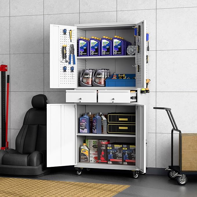 Metal Garage Storage Cabinet with Locking Doors and 2 Adjustable Shelves, Rolling Tool Storage Cabinet with 4 Wheels and 2 Drawer for Garage, Warehouse, White and Gray, Assembly Required