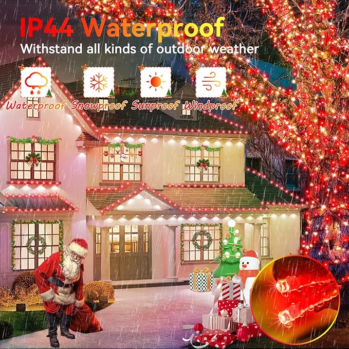 Hezbjiti 2 Pack 1000 LED 403 FT Christmas String Lights Outdoor, 8 Lighting Modes IP44 Waterproof Fairy Lights with Timer and Dimmable Function for Party Tree Decorations (Red, Clear Wire)