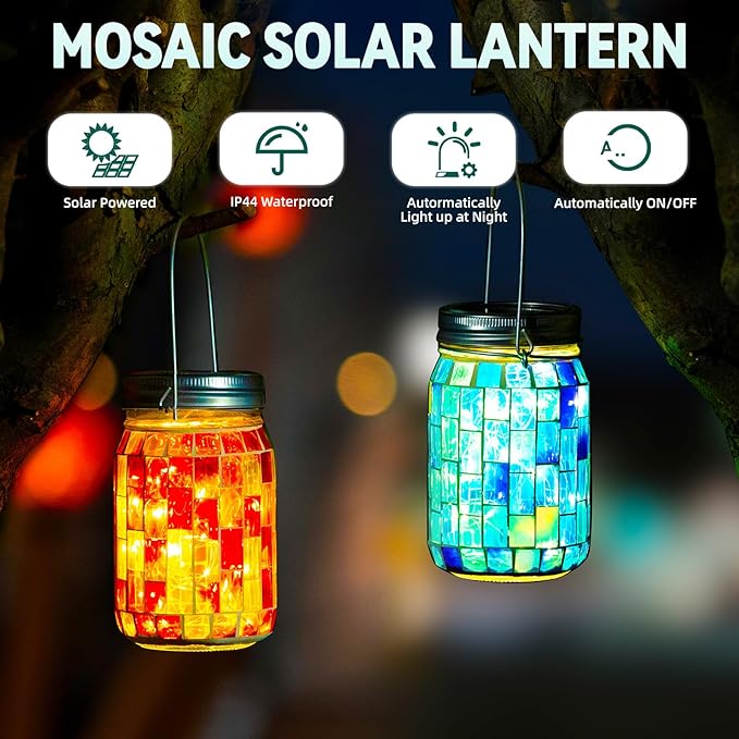 VOREEN 2 Pack Mosaic Solar Lanterns, Outdoor Glass Hanging Lights, Solar Table Lamps, Waterproof Night Lights, Color Jar Lights Easter Gifts, Decor for Garden, Patio, Yard, Balcony, Blue&Orange