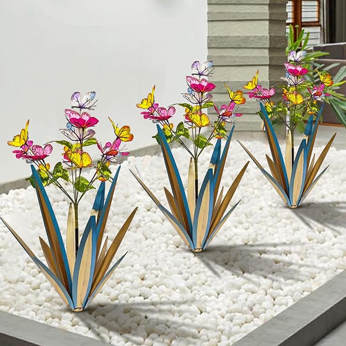 Garden Outdoor Butterfly Enlarge Thickened Wind Resistant Metal Agave Garden Art Metal Plant Country Sculpture Statue Decorations Ornaments Artificial Waterproof Butterflies (Blue 3pcs)