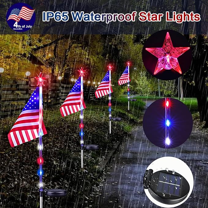 6 Pack 4th of July Decorations Outdoor Solar Lights, Red White and Blue Star Lights for National Day with American Flag, 2 Modes Waterproof Patriotic Light for Independence Memory Day Garden Yard Path