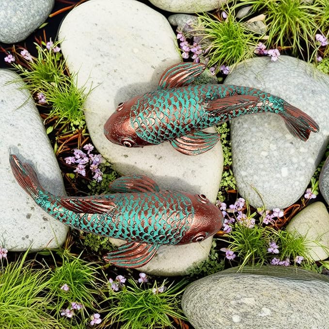 Garden Statues,Koi Fish Decor,Set of 2 Antique Koi Fish Garden Statue,Fish Sculpture Garden for Outdoors,Patio Decor,Backyard and Home Kitchen Decoration,Gardening Gifts for Mom Women Grandma