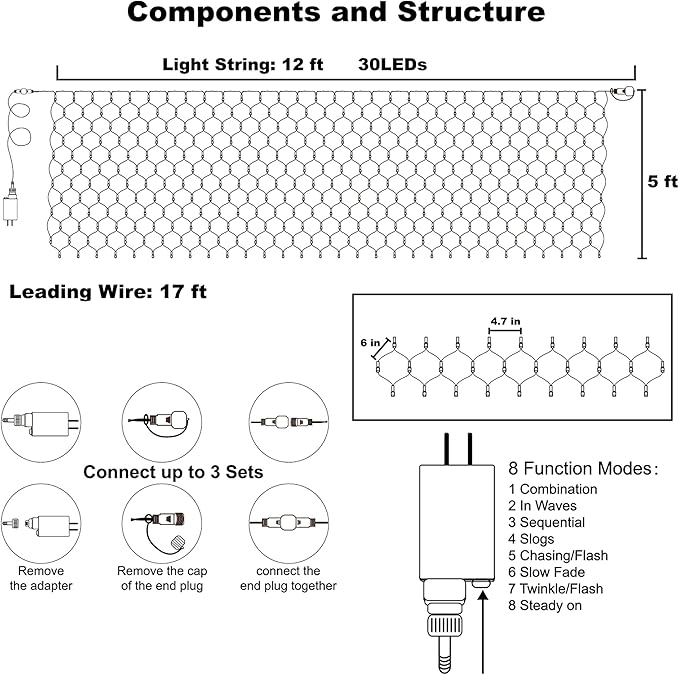 LJLNION Christmas Net Lights, 360 LED 12ft x 5ft Connectable Mesh Fairy String Lights,8 Modes Low Voltage Safe Adaptor for Xmas Trees, Bushes, Wedding, Outdoor Garden Decorations, Warm White
