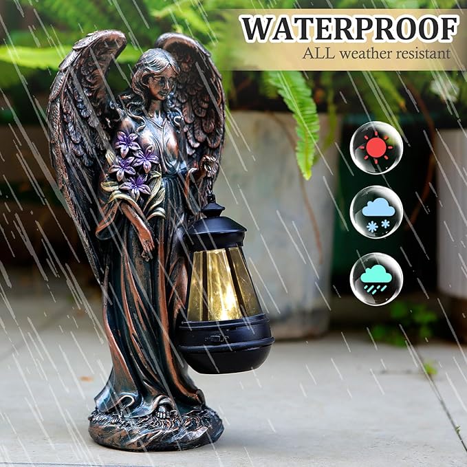 Solar Angel Outdoor Garden Decor Statues – 13.2 inches Solar Outdoor Sculptures for Outside Yard Art Patio Balcony Front Lawn Ornaments Gifts for Mom Grandma Women（Bronze）