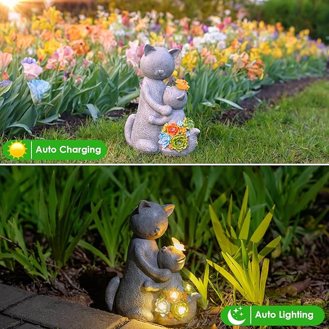 Solar Garden Statues Loving Cat Figurine Lights for Outside, Yard Decorations Outdoor, Garden Christmas Decor Unique Birthday Housewarming Gifts for Mom, Women