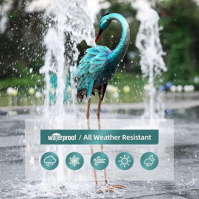 chisheen Metal Crane Garden Statue, Blue Heron Sculpture Yard Art, Large Heron Decoy, Bird Statues, Lawn Ornaments for Backyard Pond Patio Porch Outside Decorations