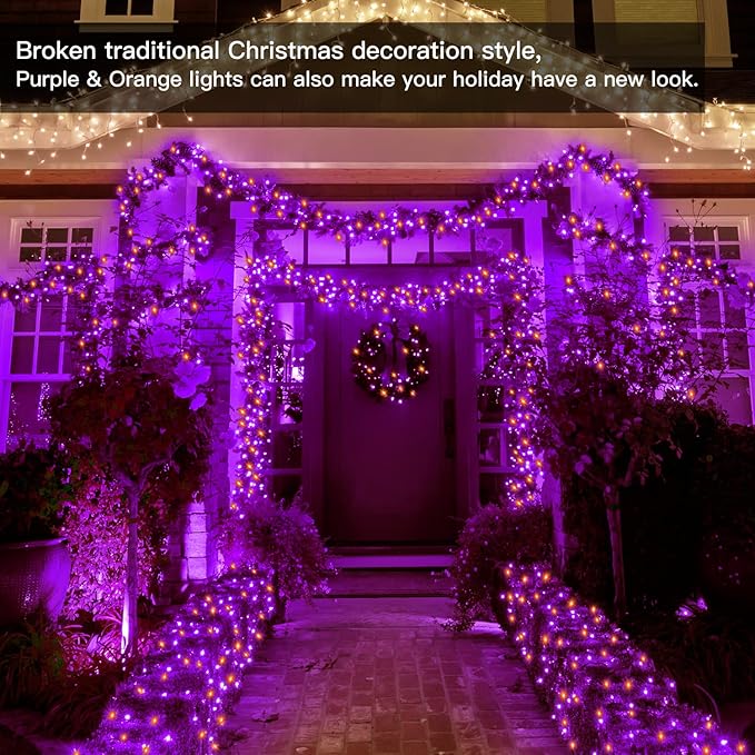 Ollny Halloween Outdoor String Lights - 60 FT 180 LED Orange and Purple Decorations, Waterproof Fairy Plug-in, 8 Modes and Timer for Party, Yard, Door, Christmas Decor