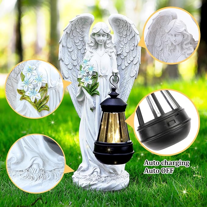 Solar Angel Outdoor Garden Decor Statues – 13.2 inches Solar Outdoor Sculptures for Outside Yard Art Patio Balcony Front Lawn Ornaments Gifts for Mom Grandma Women