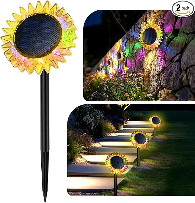 Hogni Solar Pathway Lights - 2 Pack LED Sunflower Garden Light, Waterproof Outdoor Decor for Wall, Lawn, Yard, Walkway, Patio, Landscape