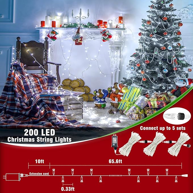 66ft 200 LED Christmas String Lights Indoor Outdoor - White Christmas Lights Outdoor Clear Wire Waterproof, 8 Modes Connectable Fairy String Lights Plug in for Bedroom Room Wedding Decorations