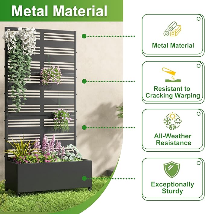 Casaphoria Metal Raised Garden Bed with Trellis and Wheels, 72"x35"x16" Planter Box for Climbing Plants, Vegetables & Vines, Features Drainage Holes and Privacy Screen (Black-Harold)