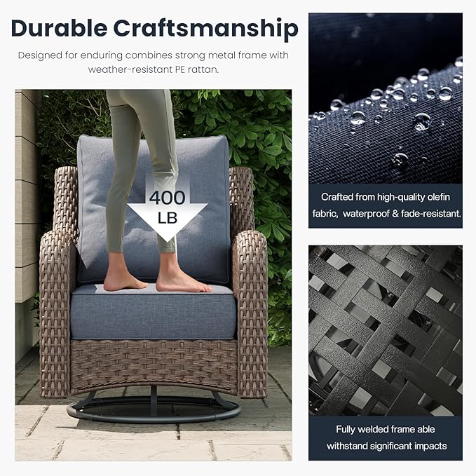 8 Pieces Outdoor Patio Furniture Sets with Rocking Swivel Chairs with 6-inch Thick Cushion and Fire Pit Table for Deck Lawn