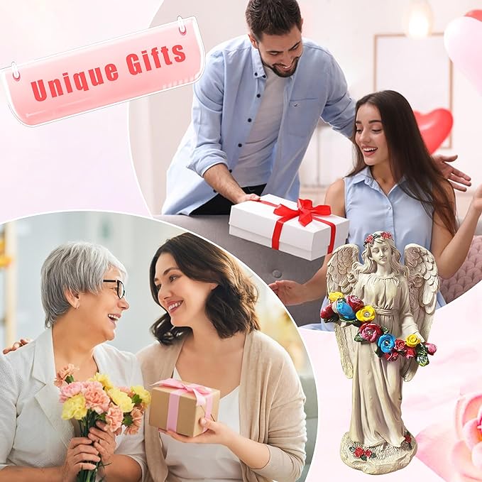 Angel Statues for Garden, Solar Angels for Outside, Angels Sculpture Holding Wreath for Outdoor Patio Lawn Balcony Ornament Gifts for Women/Mom/Grandma