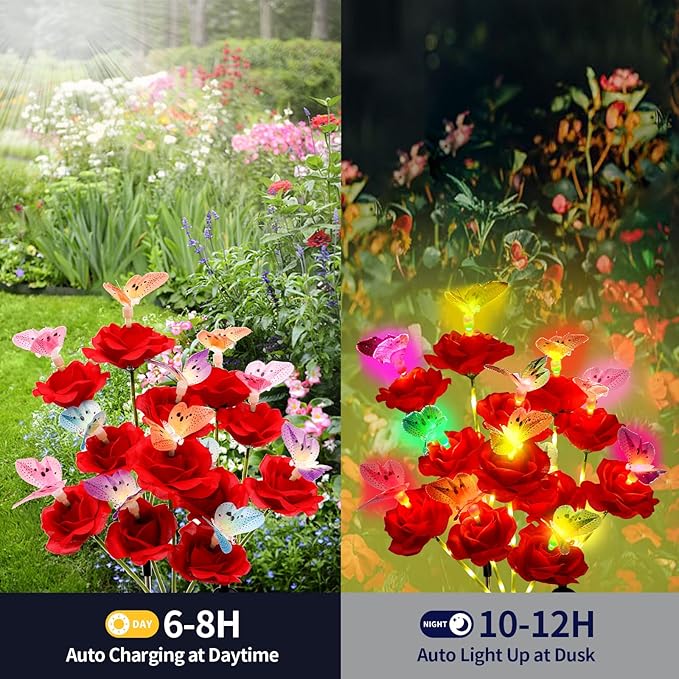 Solar Butterfly Rose Garden Lights Outdoor Waterproof Decorative Flower Garden Decor Yard Patio Lawn Outdoor, Gifts for Mother's Day3 Pack Gifts for Women (Butterfly Rose)
