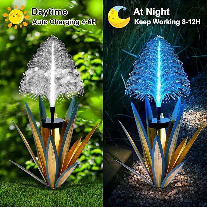 Metal Outdoor Decoration Gift Metal Agave Plants Outdoor Decor, Metal Agave Yard Art Garden Lights Solar Outdoor, 7 Color Changing Garden Yard Pathway Xmas Decor Waterproof & Solar Powered(1pcs Blue)
