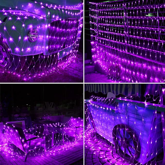 Joomer 12ft x 5ft 360LED Purple Halloween Net Lights Outdoor, 8 Modes Timer Connectable Waterproof Bush Mesh Netting for Halloween Outdoor Decorations (Clear Wire)