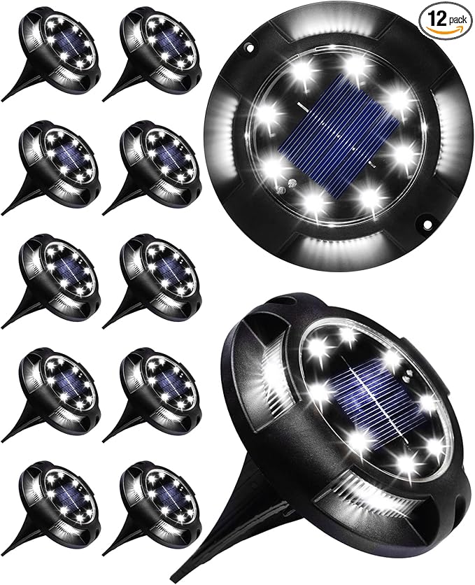 K.E.J. Solar Lights Outdoor 12 Pack Waterproof Solar Garden Ground Lights Landscape Lighting for Outside Patio Pathway Lawn Yard Deck Driveway Walkway