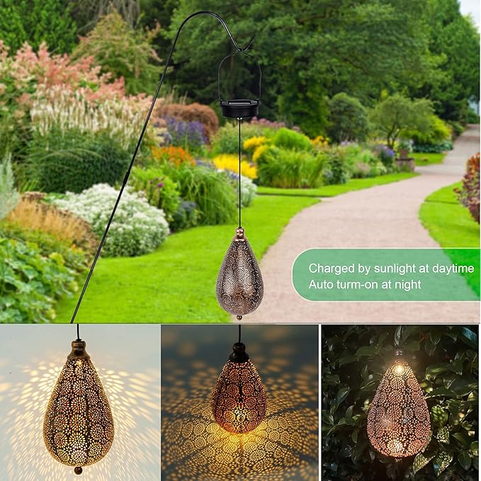MAGGIFT 2 Pack Solar Hanging Lights, Solar Powered Decorative Retro Lantern with Handle, Warm White LED Christmas Garden Boho Flower Lights, Metal Drop Shape Waterproof Outdoor Yard Tree Fence Patio