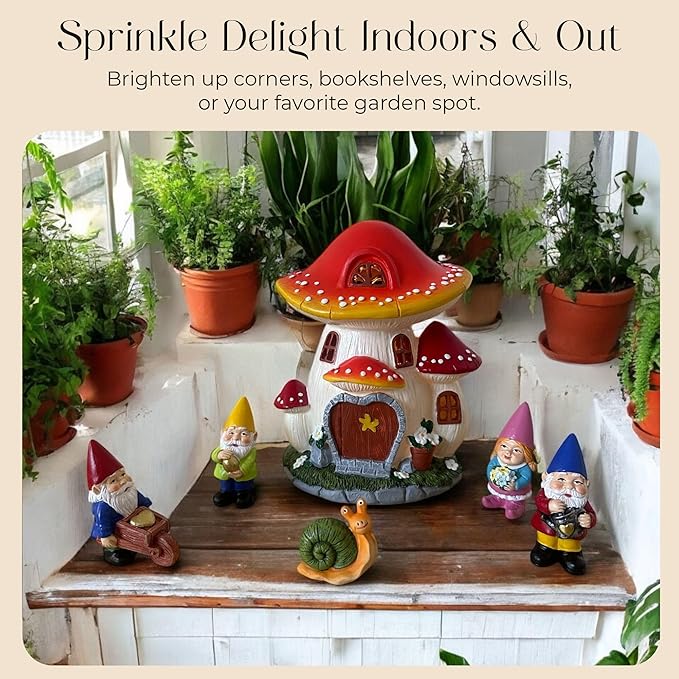 Solar Garden Gnome Statue Set – Magical Gnome Decor - Solar Light Mushroom House – Hand-Painted Resin Garden Decorations for Indoor & Outdoor – Weather-Proof Yard Ornaments - Unique Outdoor Gifts