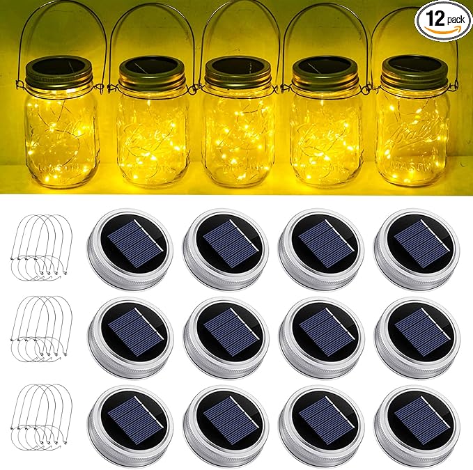 SmilingTown Solar Mason Jar String Light Lids 12 Pack 30 LED Fairy Firefly Inserts Lighting with 12 Hangers Waterproof for Outdoor Tree Patio Lawn Garden Decor, No Jars