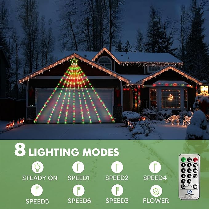 BlcTec Outdoor Christmas Decorations, 352 LED Christmas Star Lights with 9 Strands 11.7ft Waterfall Christmas Tree Lights, 8 Modes, Waterproof, Timer for Yard Patio Xmas Décor, Flowing Red and Green