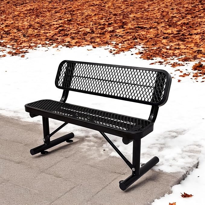 4 FT Heavy Duty Metal Park Bench with Back for Outside, Outdoor Black Bench with Backrest & Portable Frame, 1-3 Person Seat-Commercial Benches Garden Benches for Outdoors