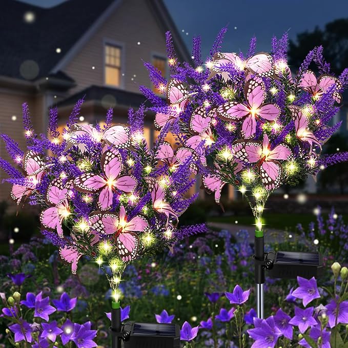 Solar Garden Lights Outdoor, 2 Pack Purple Lavender Solar Butterfly Lights Gardening Gifts for Women, Purple Solar Artificial Flower with Butterfly Purple Garden Decor for Lawn Patio-Warm White