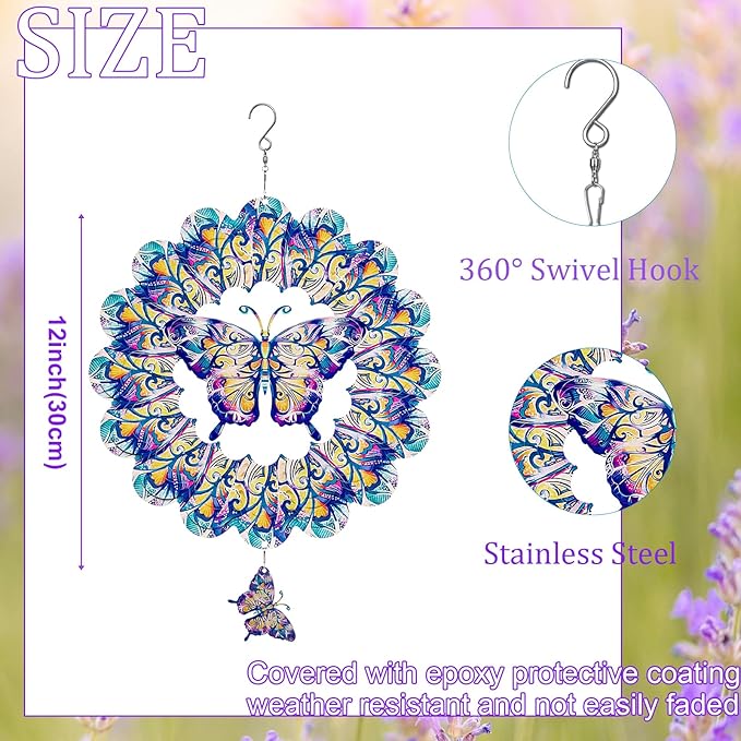 TUOKING Butterfly Wind Spinners Outdoor for Yard and Garden Decor 3D Hanging Wind Sculpture 12 Inch Stainless Steel Wind Spinner Decoration Worth Gift for Women