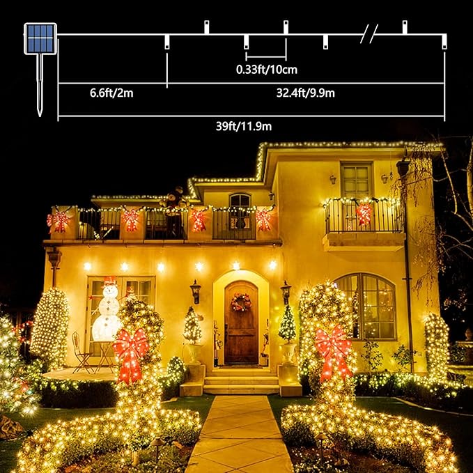 Voolex 4-Pack Solar Christmas String Lights Outdoor -100LED 33FT Solar Powered LED String Light Waterproof with 8 Modes, Solar Powered Lights for Garden, Fence, Party, Tree Decorations Warm White