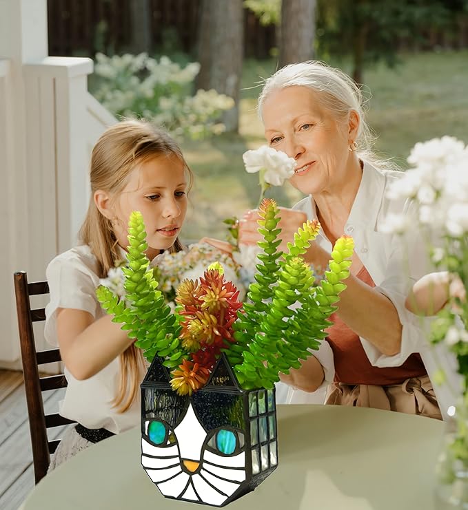 Tiffany Cute Cat Stained Glass Flower Pots,Indoor and Outdoor Plant Displays,Cat Plant Planter,Candle Holder Container Decoration 4.6 x 5.15 x 2.3 inch(11.7 x 13.1 x 5.8 CM)(Without Succulents)Black