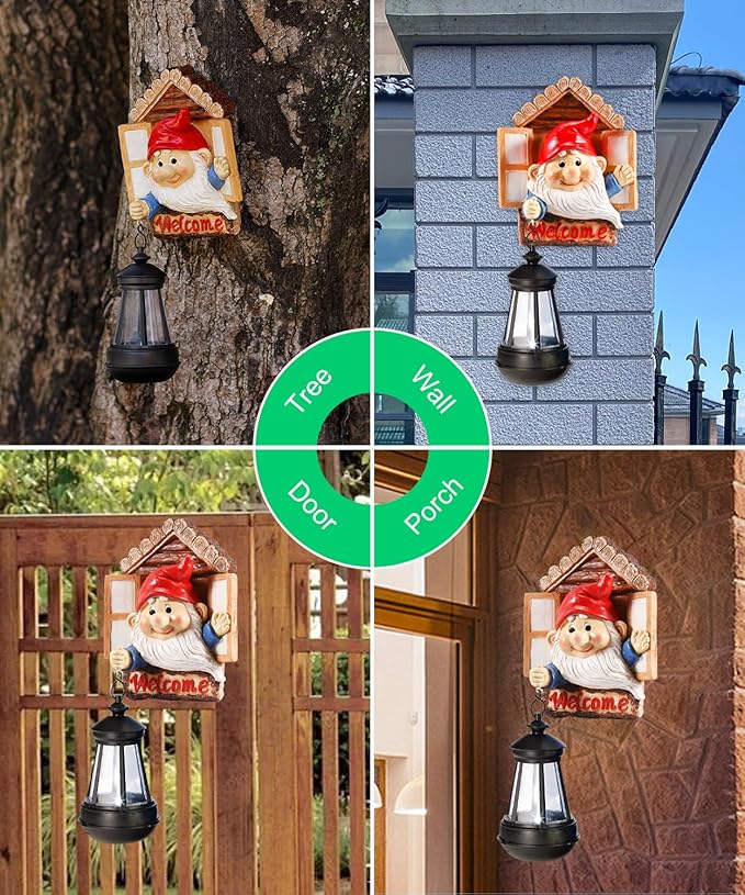 Gnome Tree Hugger with Solar Lantern - 10.6 Inch Resin Gnome Statue for Outdoor Garden Decor, Ideal Gnome Gifts and Gnome Statue Outdoor for Gnome Lovers
