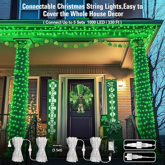 JMEXSUSS Green Lights for St Patrick's Day Decoration, 200 LED Green Christmas Lights Clear Wire, Connectable Green String Lights Indoor Outdoor for Spring Tree Garden St. Patricks Day Decor