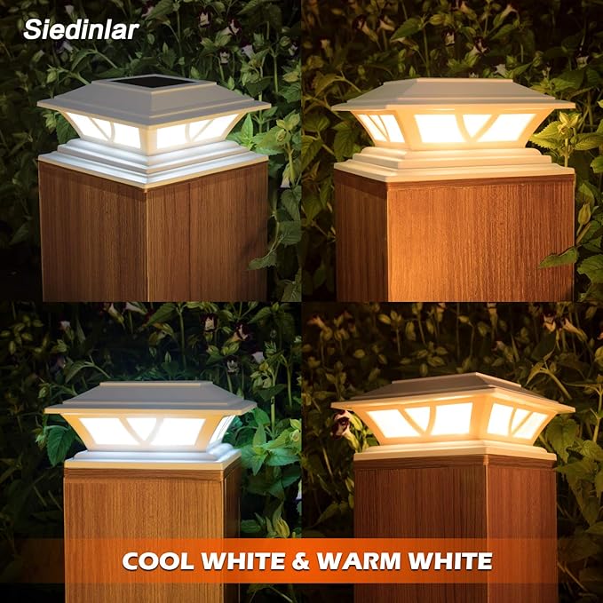 SIEDiNLAR Solar Post Lights Outdoor 2 Modes LED Fence Deck Cap Light for 4x4 5x5 6x6 Posts Garden Patio Decoration Warm White/Cool White Lighting White (10 Pack)