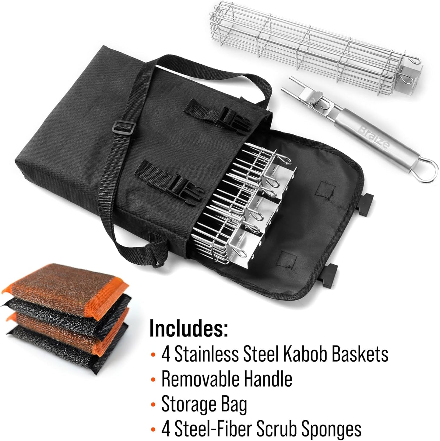 Kabob Grilling Basket Set of 4 with Removable Handle – Stainless Steel Baskets for Grilling Vegetables, Fish & Kabobs – Outdoor BBQ Accessories with Heavy-Duty Scrub Sponge