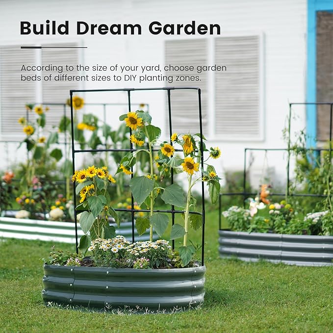KING BIRD Raised Garden Bed with Wall Trellis Galvanized Planter Garden Box Outdoor for Gardening, Climbing Vegetables, Flowers 3.94x2.95x0.98 Ft, Dark Grey