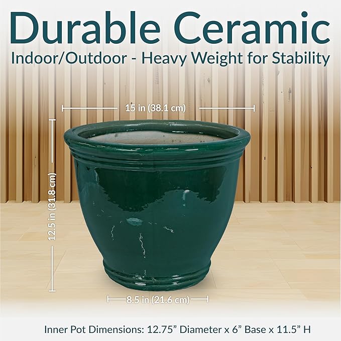Sunnydaze Studio Large Ceramic Plant Pot - Round Outdoor Glazed Ceramic Planter Pot with Drainage - Dark Green - 15 in