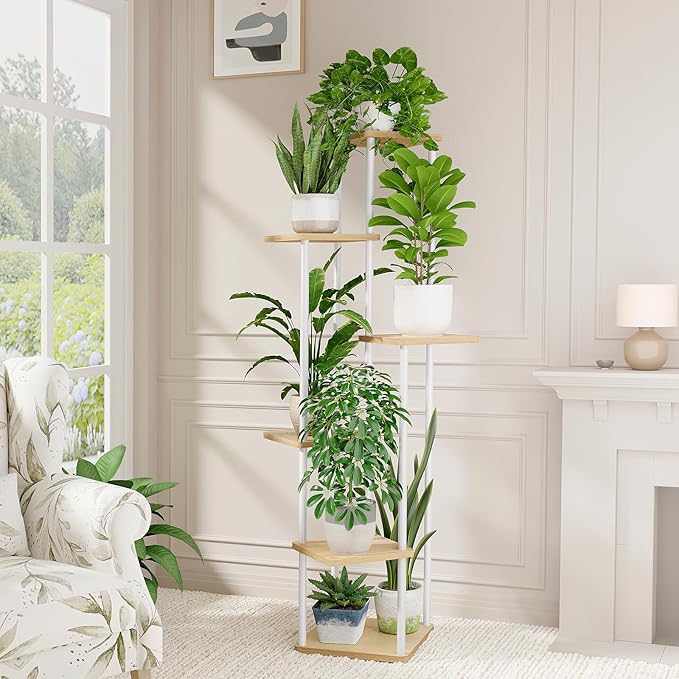 Bamworld Tall Plant Stand Indoor, 6 Tier Metal Plant Shelf for Multiple Plants, Corner Tiered Flower Stand for Patio Garden Balcony Living Room Bedroom(White)