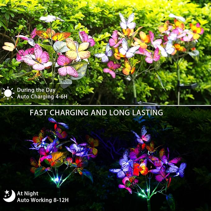 Solar Garden Lights Outdoor Waterproof Decorative Solar Lights Outdoor 2 Pack with 44 LED 34 Butterfly Flower Garden Decor Yard Patio Lawn, Gifts for Mother's Day Mom Women