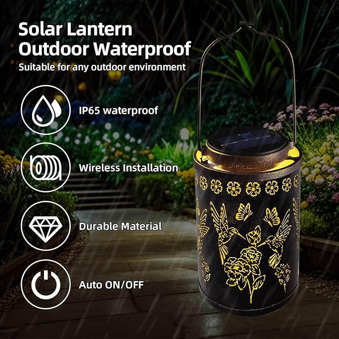 Solar Lanterns Outdoor Waterproof Hummingbird Garden Decor, Hanging Metal Lights for Yard, Patio, Fence, Porch, Pathway Decoration, Ideal Gift for Women, Mom, Grandma