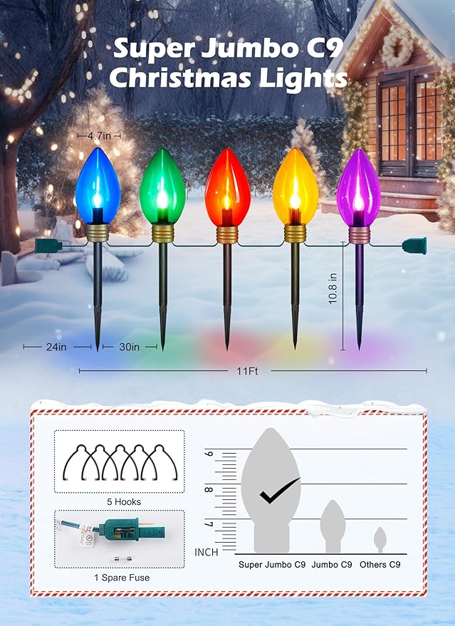 Super Jumbo C9 Christmas Pathway Lights - 11FT 5 LED Jumbo Christmas Walkway Lights, Multicolor Christmas Decoration Outside, Waterproof Giant Christmas Lights Outdoor Decoration for Yard Holiday Lawn