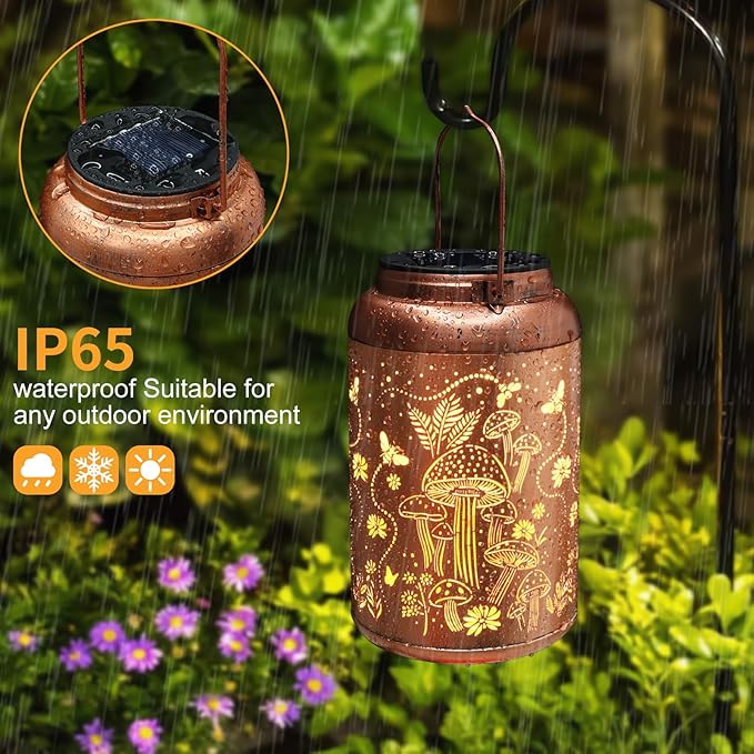 Solar Lanterns Outdoor Waterproof Bee Mushroom Decoration Gifts for Women Mon Grandma Hanging Solar Lights for Outside Metal LED Lanterns for Yard, Patio, Garden Decor