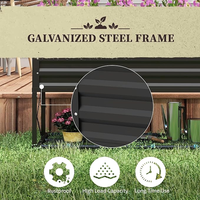 Outsunny Raised Garden Bed with Galvanized Steel Frame, Storage Shelf and Bed Liner, Elevated Planter Box with Legs for Vegetables, Flowers, Herbs, Black